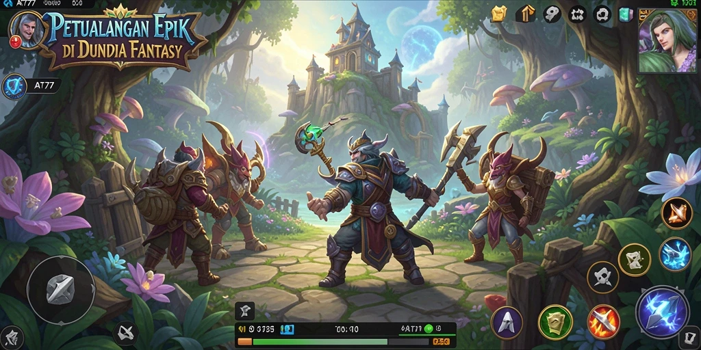 Tampilan screenshot gameplay AT777 yang menampilkan pertempuran epik dan eksplorasi dunia fantasi.