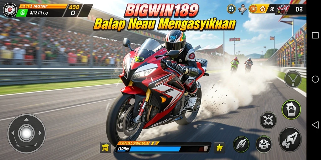 Screenshot gameplay BIGWIN189 menampilkan aksi balap motor yang seru dan mendebarkan.