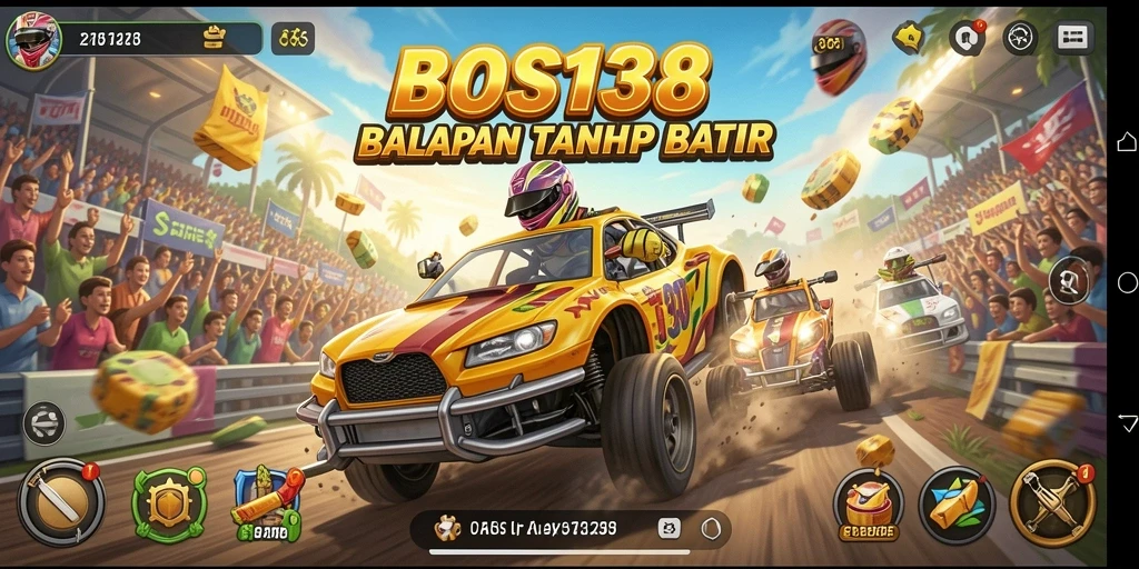 Screenshot menunjukkan aksi balapan mendebarkan di BOS138.