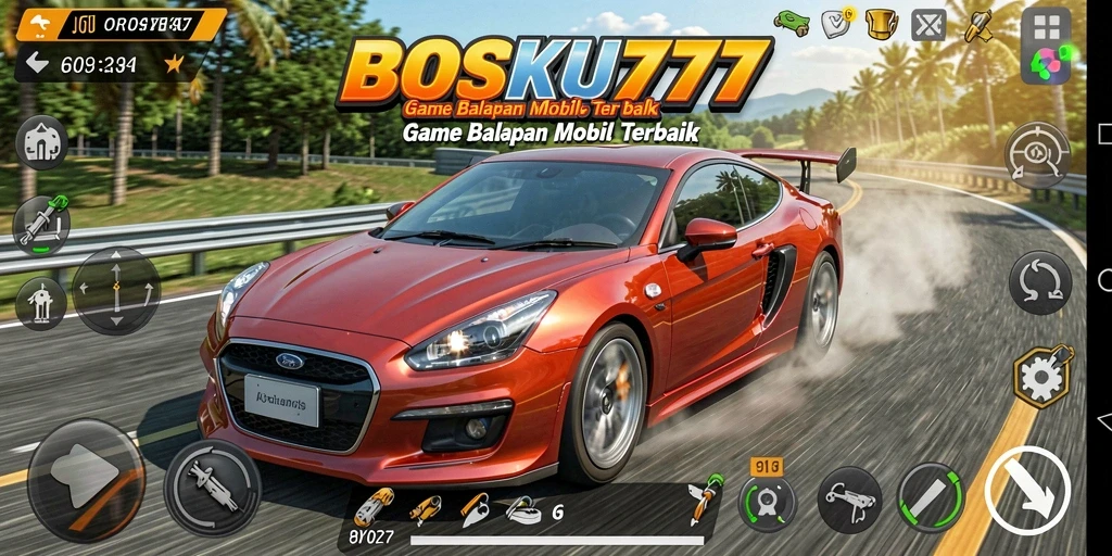 Tangkapan layar gameplay <strong>BOSKU777</strong> menampilkan balapan seru dengan mobil cepat di trek yang menantang.