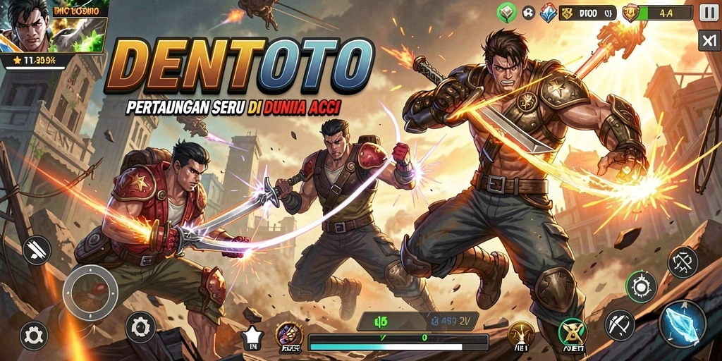 Screenshot gameplay DENTOTO menampilkan pertarungan seru di arena.