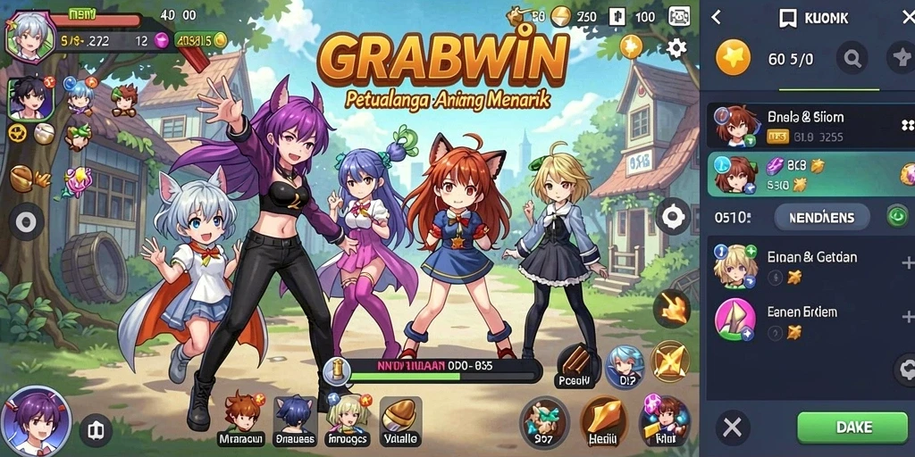 Tampilan gameplay GRABWIN yang memukau dengan karakter anime yang dinamis.