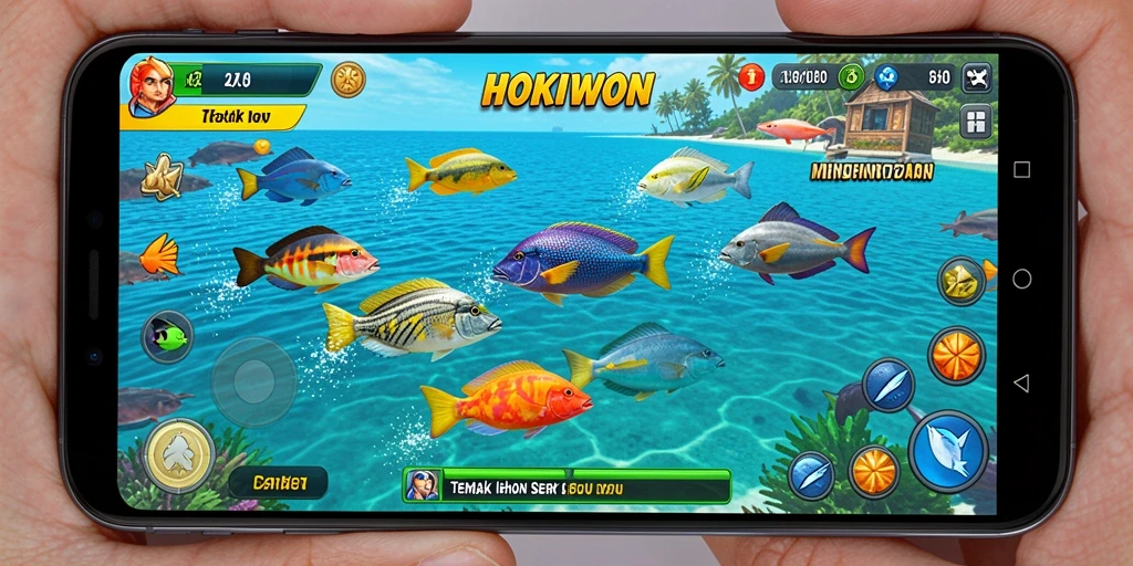 Gameplay HOKIWON yang seru menembak ikan di bawah laut.