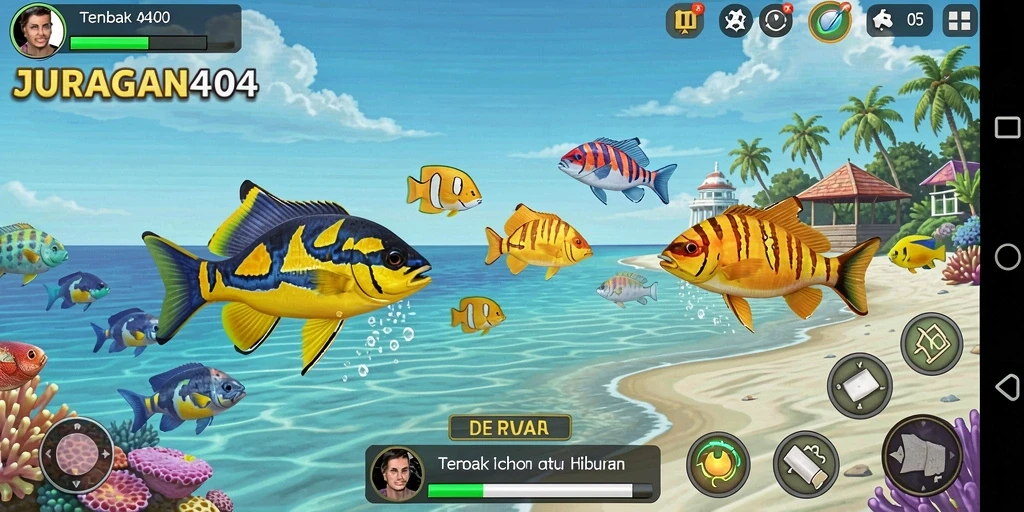 Screenshot gameplay JURAGAN404 menampilkan aksi menembak ikan yang seru.