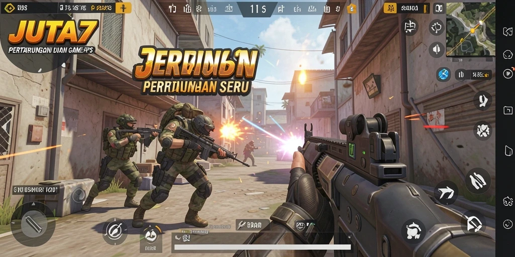 Tangkapan layar utama JUTA7 menampilkan aksi tembak-menembak yang mendebarkan.