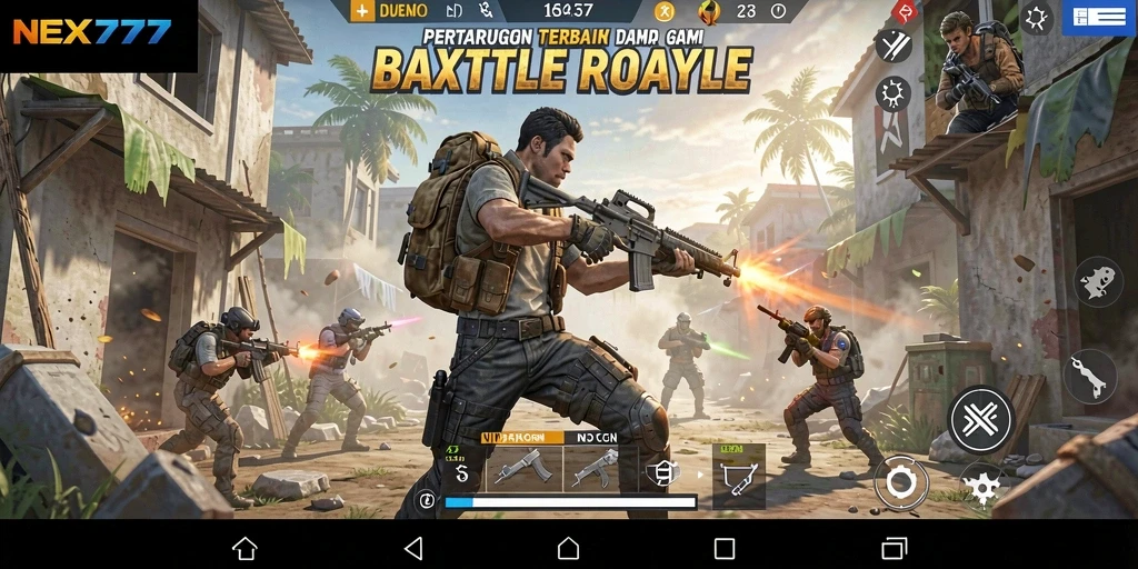 Screenshot gameplay NEX777 menampilkan pertempuran intens dalam arena luas.