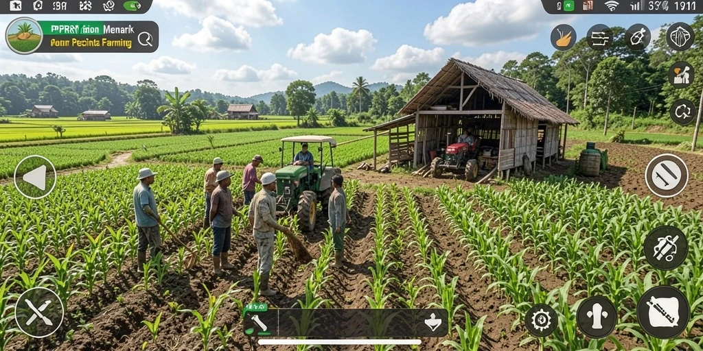 Tangkapan layar gameplay PPRRYY menampilkan ladang yang indah dan tanaman yang subur.