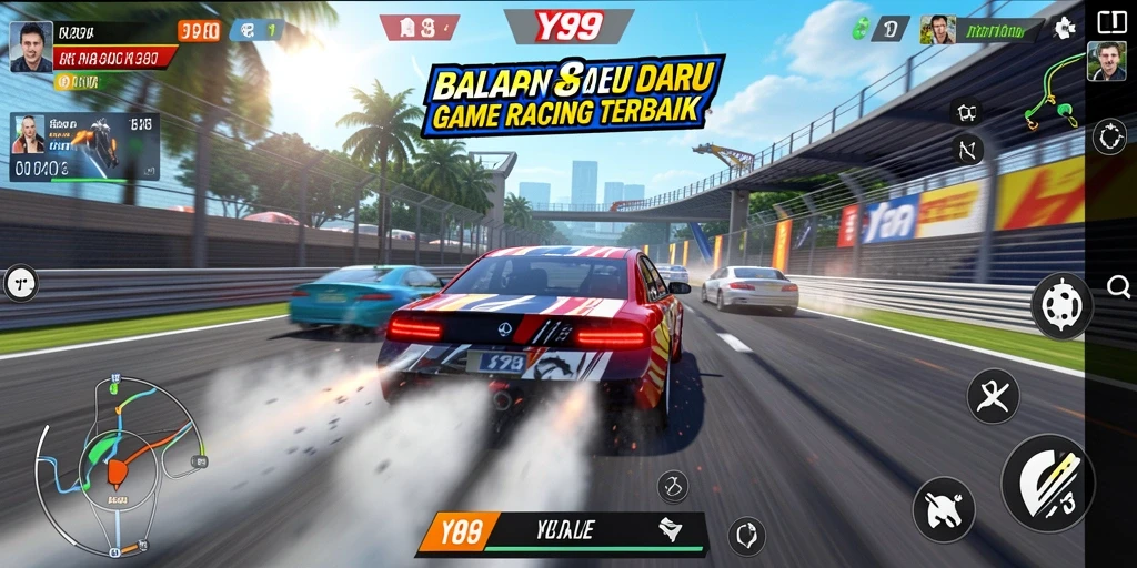 Screenshot utama Y89 menampilkan aksi balapan mendebarkan dengan grafis luar biasa.